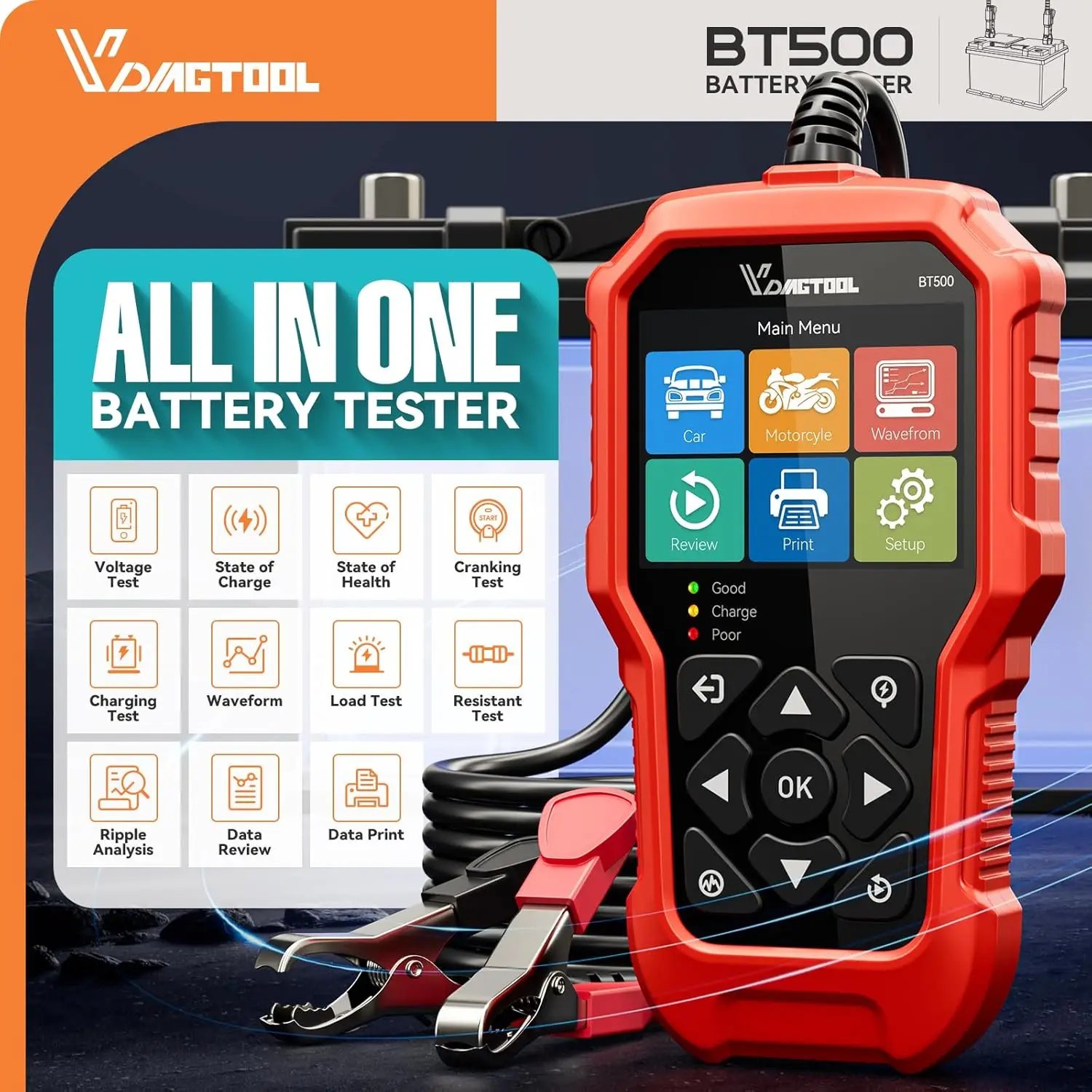 VDIAGTOOL BT500 6V/12V/24V Auto Batterie Tester 5-3000 CCA Automobil Motorrad Lkw Kurbel Laden Scanner Werkzeuge