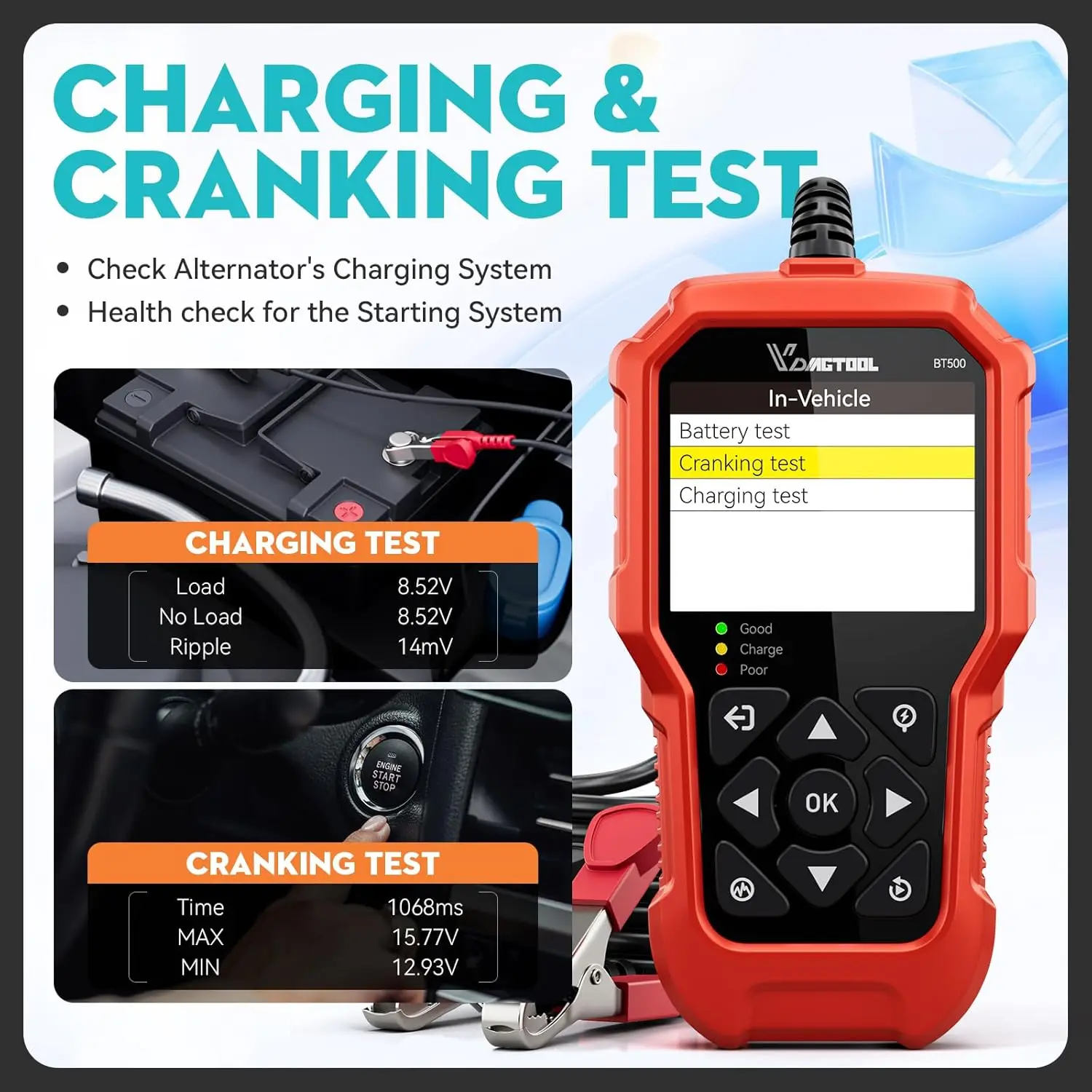 VDIAGTOOL BT500 6V/12V/24V Auto Batterie Tester 5-3000 CCA Automobil Motorrad Lkw Kurbel Laden Scanner Werkzeuge