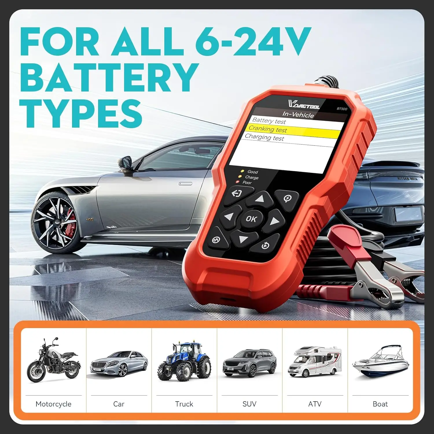 VDIAGTOOL BT500 6V/12V/24V Auto Batterie Tester 5-3000 CCA Automobil Motorrad Lkw Kurbel Laden Scanner Werkzeuge