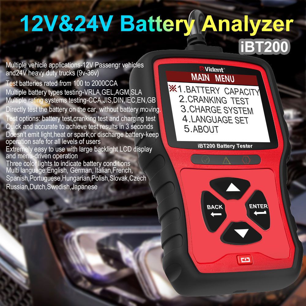 VIDENT iBT200 9V-36V Battery Tester für 12V Pkw und 24V Heavy Duty Trucks 100 bis 2000CCA Car Battery Analyzer