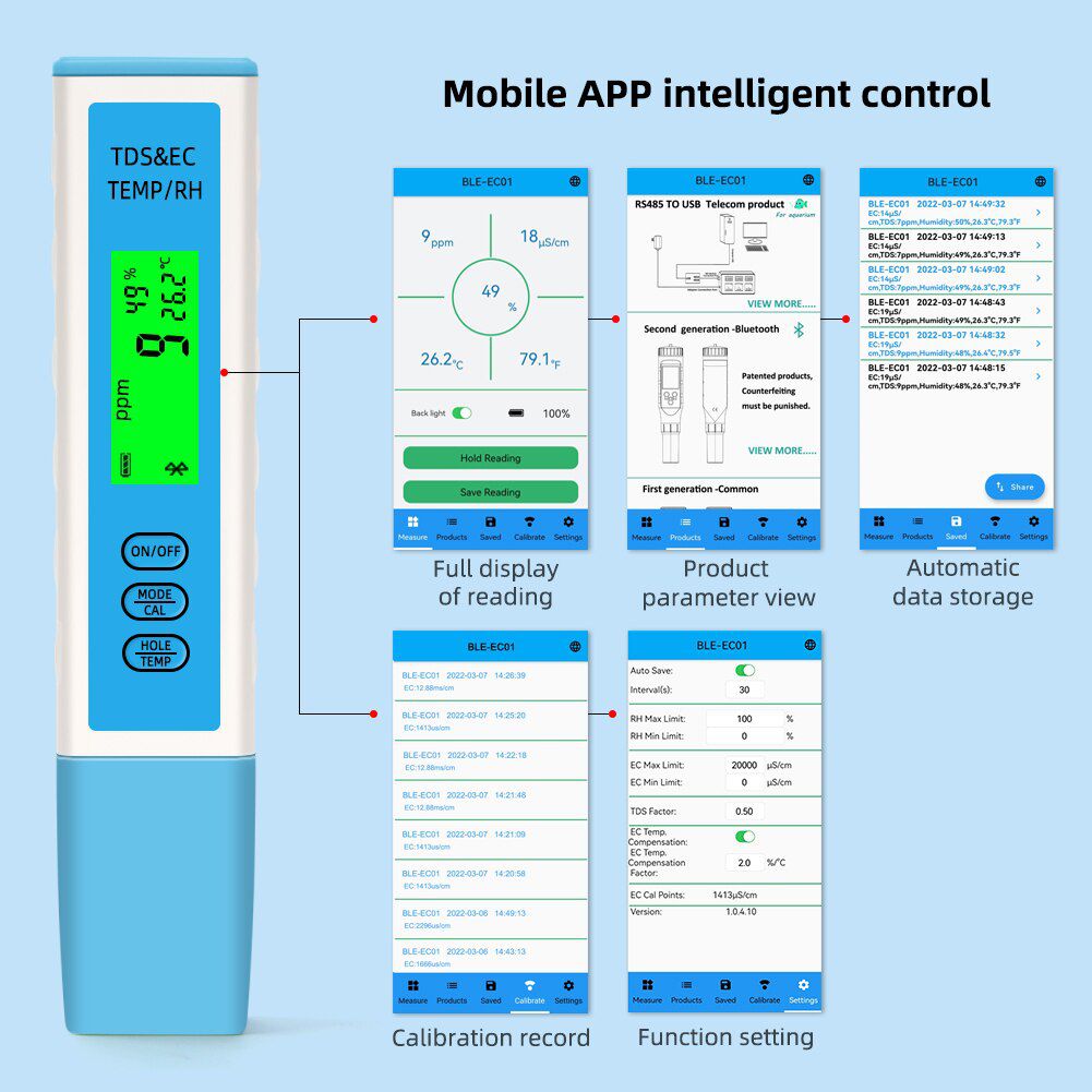 Yieryi 4 in 1 EC/TDS/Temperatur/Feuchte Meter Bluetooth-kompatible APP Online Wasserqualitätsprüfer ATC für Aquarium Trinken