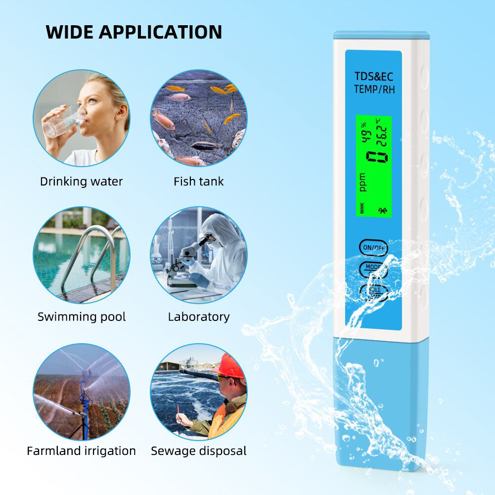 Yieryi 4 in 1 EC/TDS/Temperatur/Feuchte Meter Bluetooth-kompatible APP Online Wasserqualitätsprüfer ATC für Aquarium Trinken