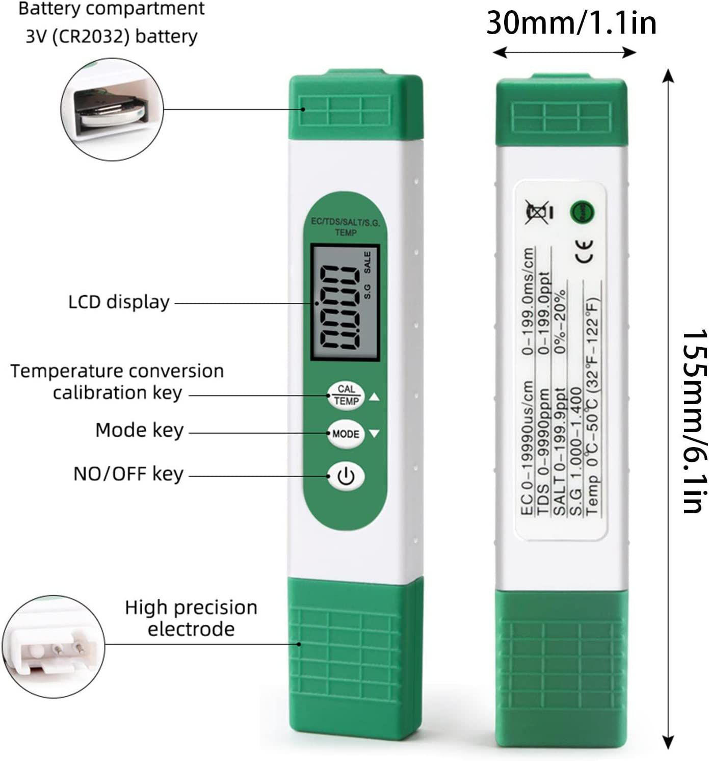 Wasser Tester Pen LCD Display Wasser Tester EC TDS Temp Meter 5-in-1 Multifunktionale hohe Genauigkeit Wasser Test Meter für Hydropon