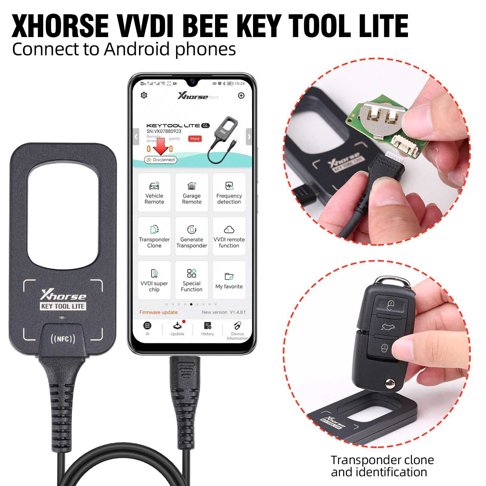 2023 Xhorse VVDI BEE Key Tool Lite Frequenz Detection Transponder Klon Arbeit auf Android Phone Holen Sie sich kostenlose 6pcs XKB501EN Fernbedienungen
