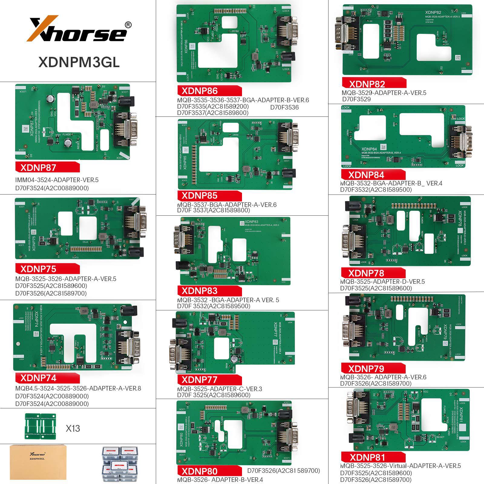 2023 Xhorse MQB48 Keine Demontage Kein Löten 13 Full Set Adapter XDNPM3GL