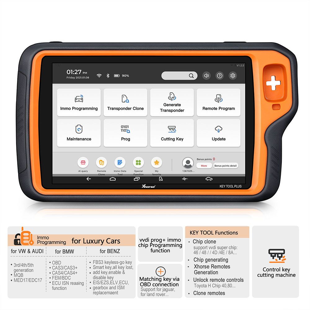Xhorse VVDI Key Tool Plus Pad Global Advanced Full Version With VW MQB48-NEC35xx License, BMW Bench Read ISN and BMW Motorcycle License