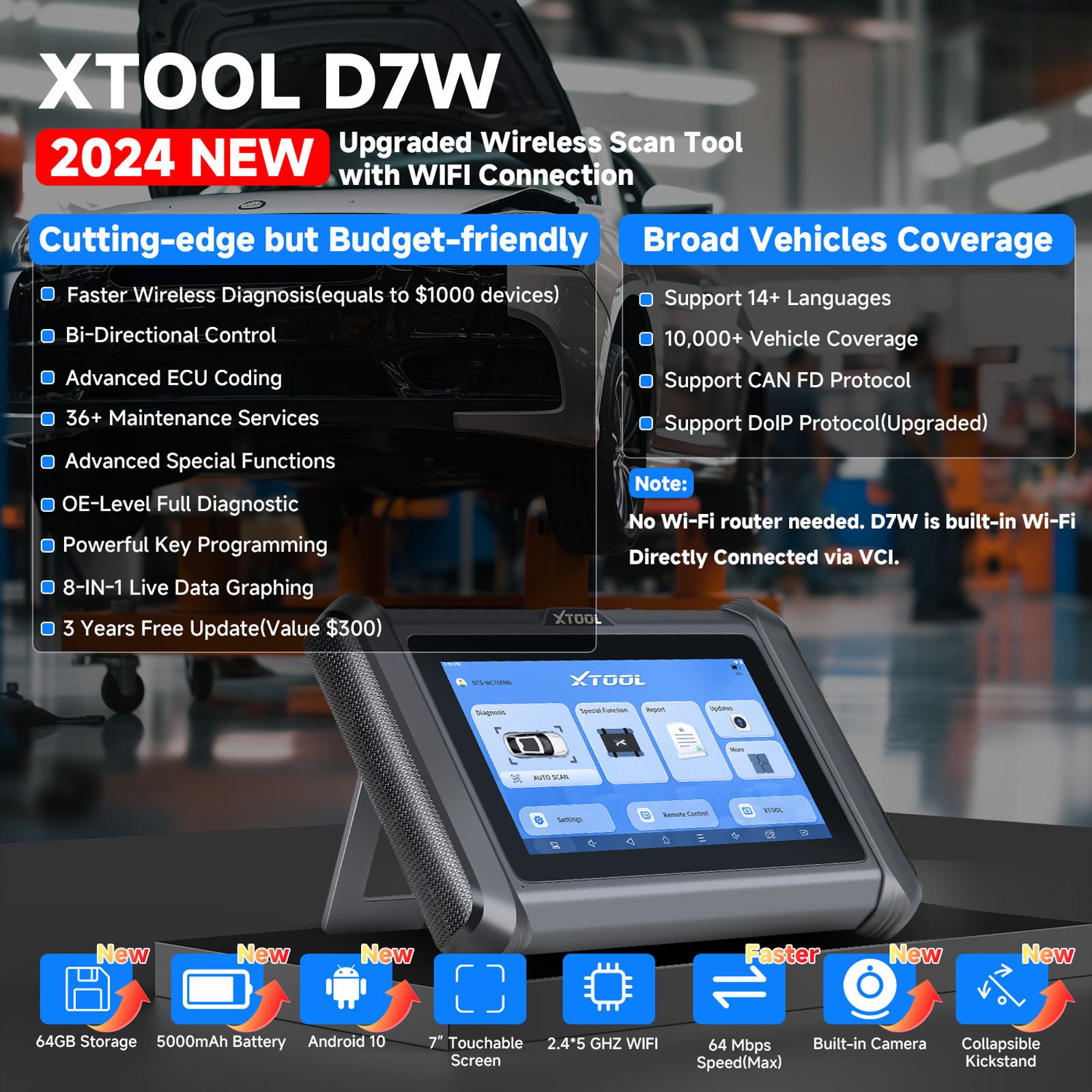 XTOOL D7W D7WIFI Bi-directional All Systems Diagnostic & Key Programmer Support ECU Coding CAN FD & DOIP 40+ Services