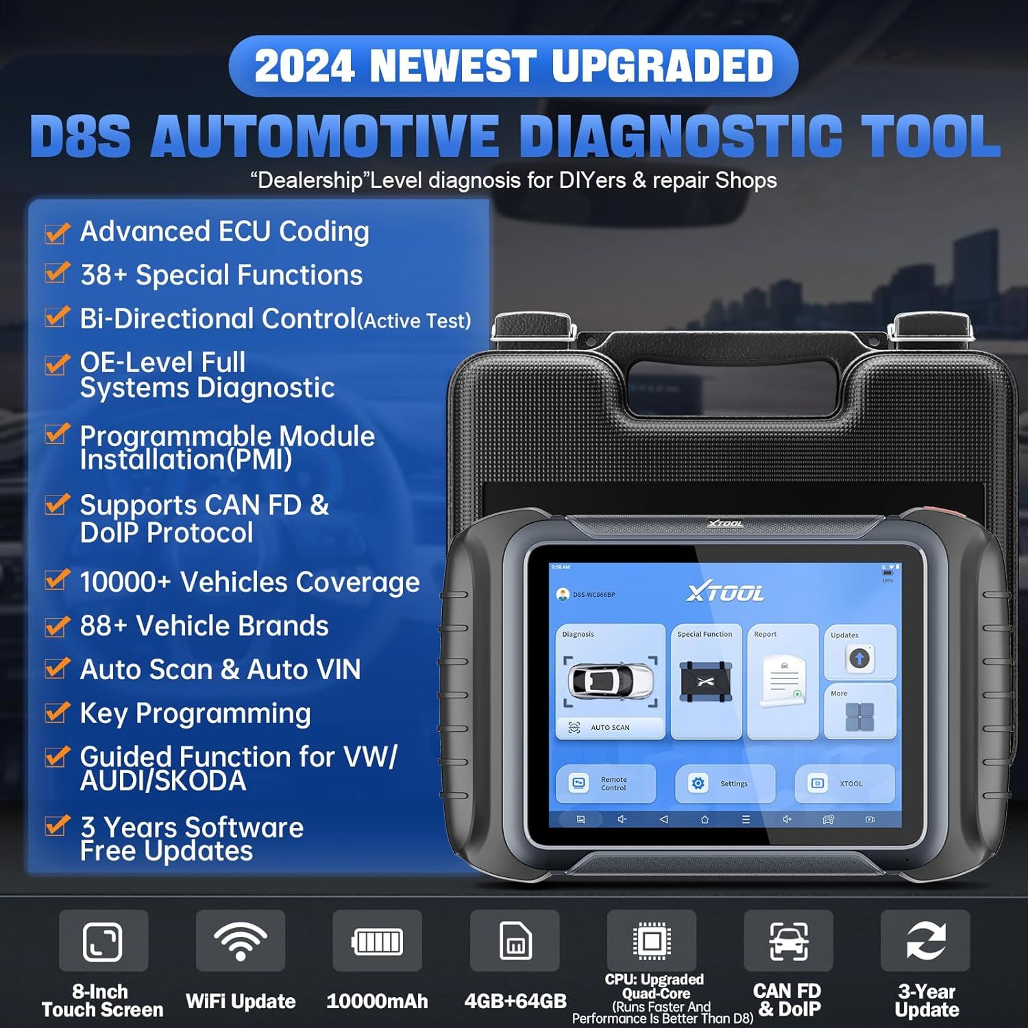 2025 XTOOL D8S Bi-Directional Diagnostic Scan Tool CAN FD & DoIP, ECU Coding, Topology, Key Programming, Full Diagnostics, Upgraded Ver. of D8