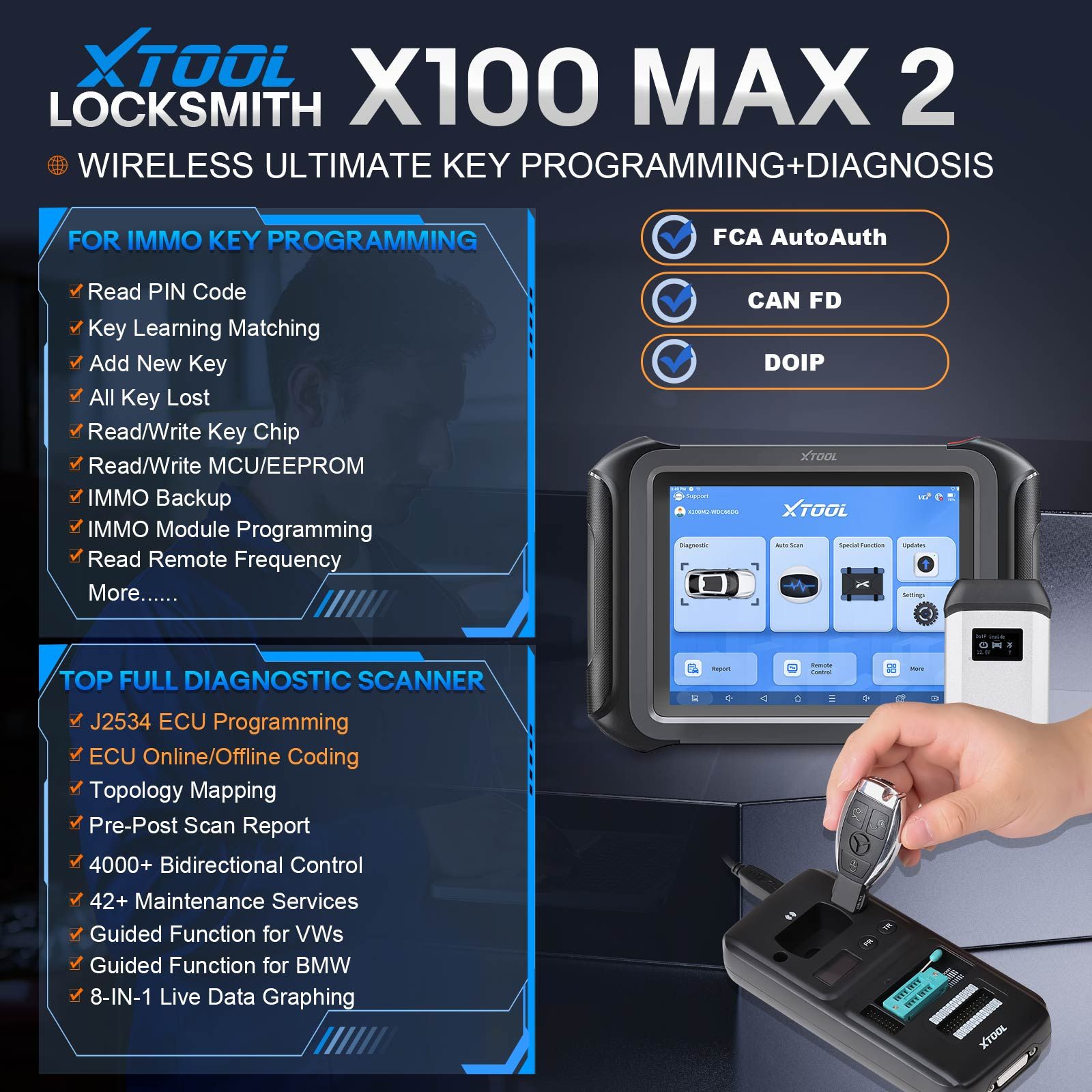2025 XTOOL X100 MAX 2 Auto Key Programmer with J2534 VCI and KC501 Supports 42 Service Functions ECU Programming Topology Update of X100 PAD3