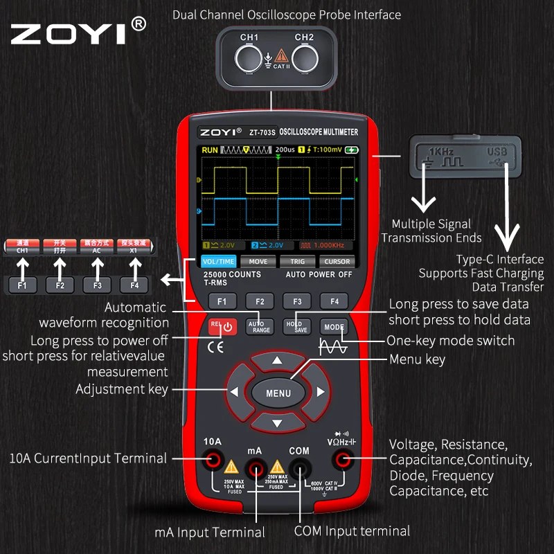 ZT-703S 3-in-1 Oszilloskop-Multimeter - 3.5 Zoll IPS Display, Dual Channel, 50MHz Bandbreite, 25000 Counts