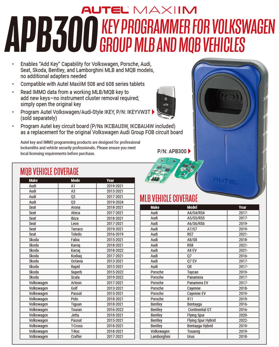 AUTEL MAXIIM APB300 Schlüsselprogrammer für Volkswagen Group MLB & MQB Fahrzeuge