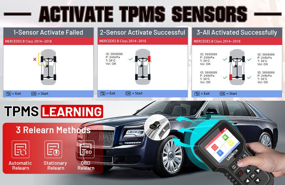 Starten Sie CRT5011E TPMS Relearn Tool TPMS Sensor (315+433MHz) Unterstützung Lesen/Aktivieren/Programmieren/Relearn/Reset/Key Fob Test