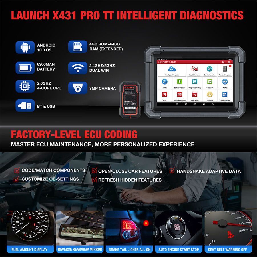 LAUNCH X431 PRO TT Bidirektionales Scan-Werkzeug mit DBSCar VII-Anschluss 37+ Reset ECU Online-Codierung CANFD-Schlüssel IMMO