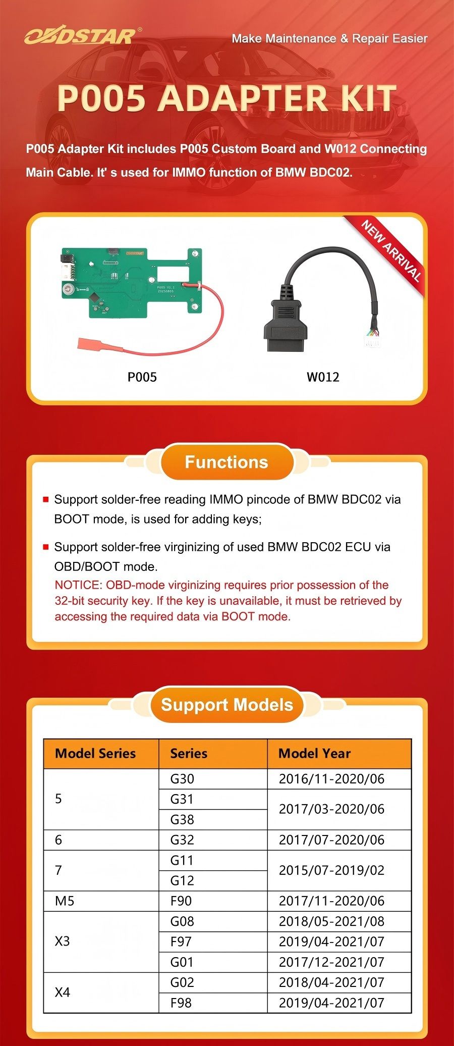 OBDSTAR P005 Adapter Kit für BMW BDC02 IMMO Funktion verwendet