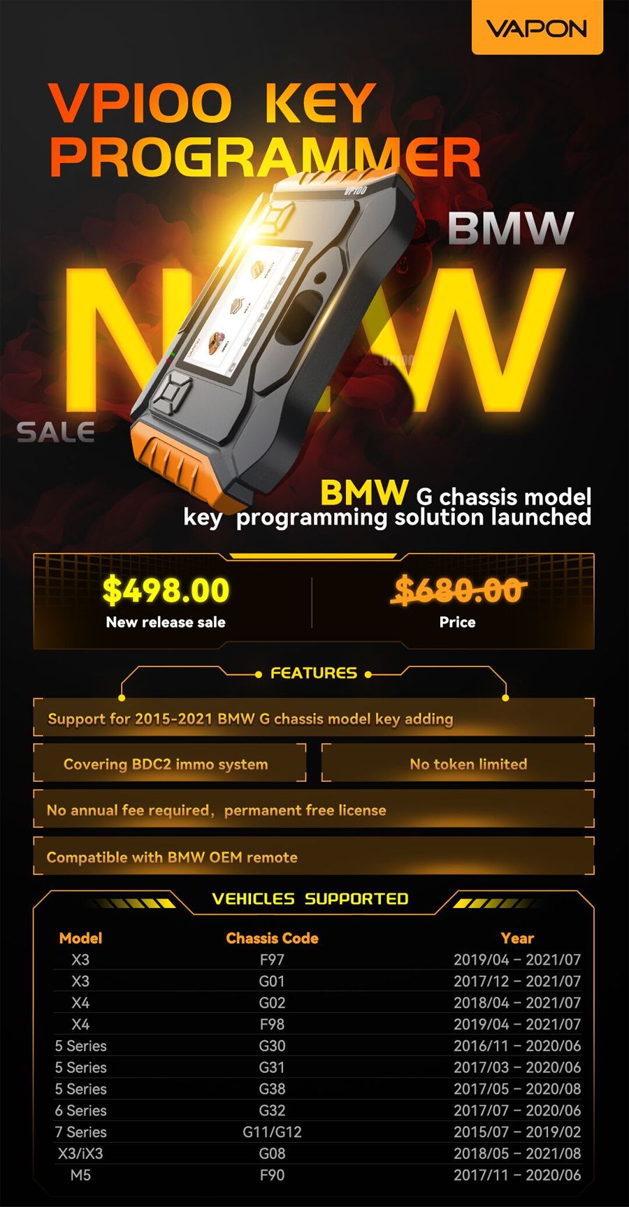 VAPON VP100 Key Programmer BMW Support 2015-2021 BMW G Chassis Modell Schlüssel Hinzufügen Keine Jahresgebühr Kein Token erforderlich