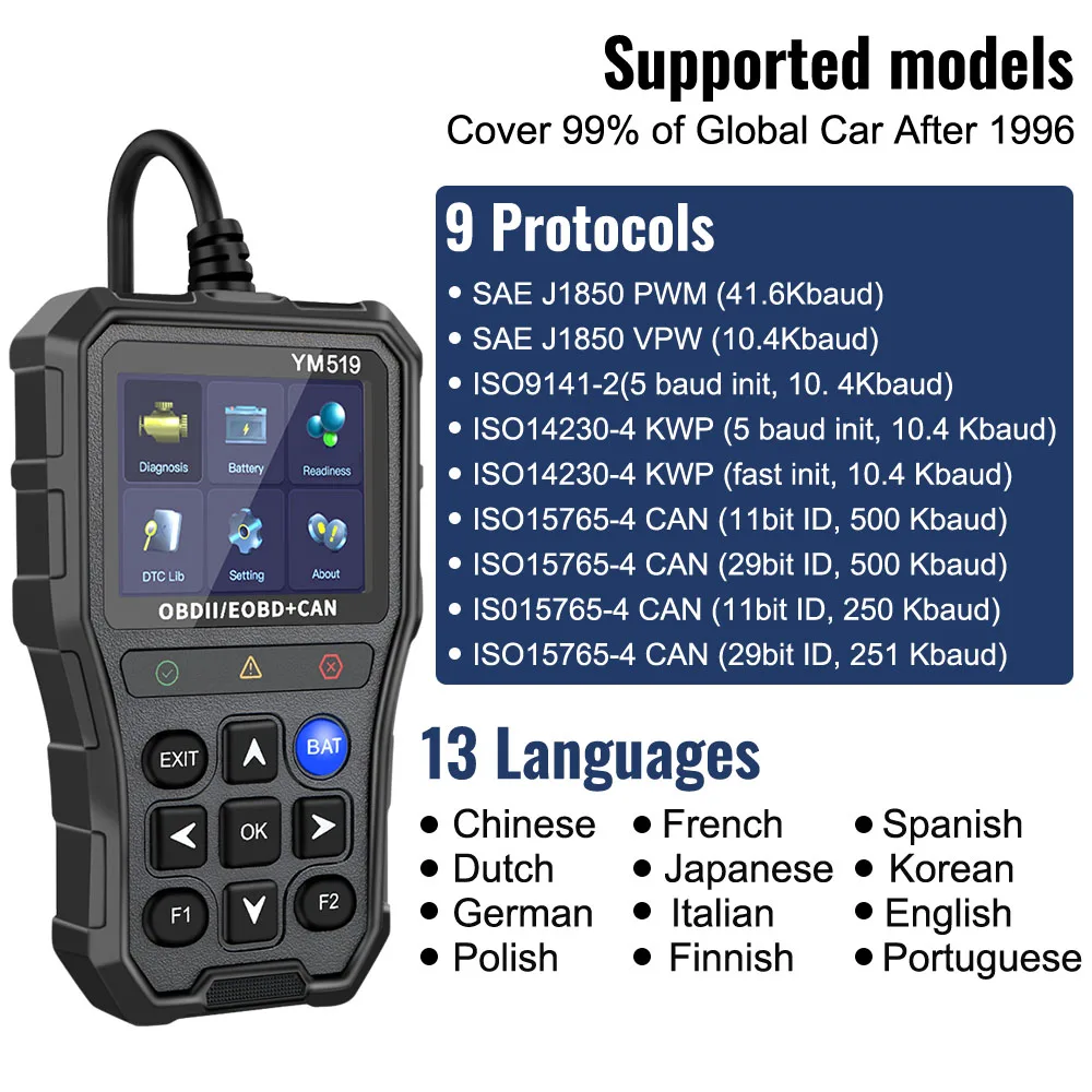 YM519 OBD2 Diagnosegerät mit Batterietester 